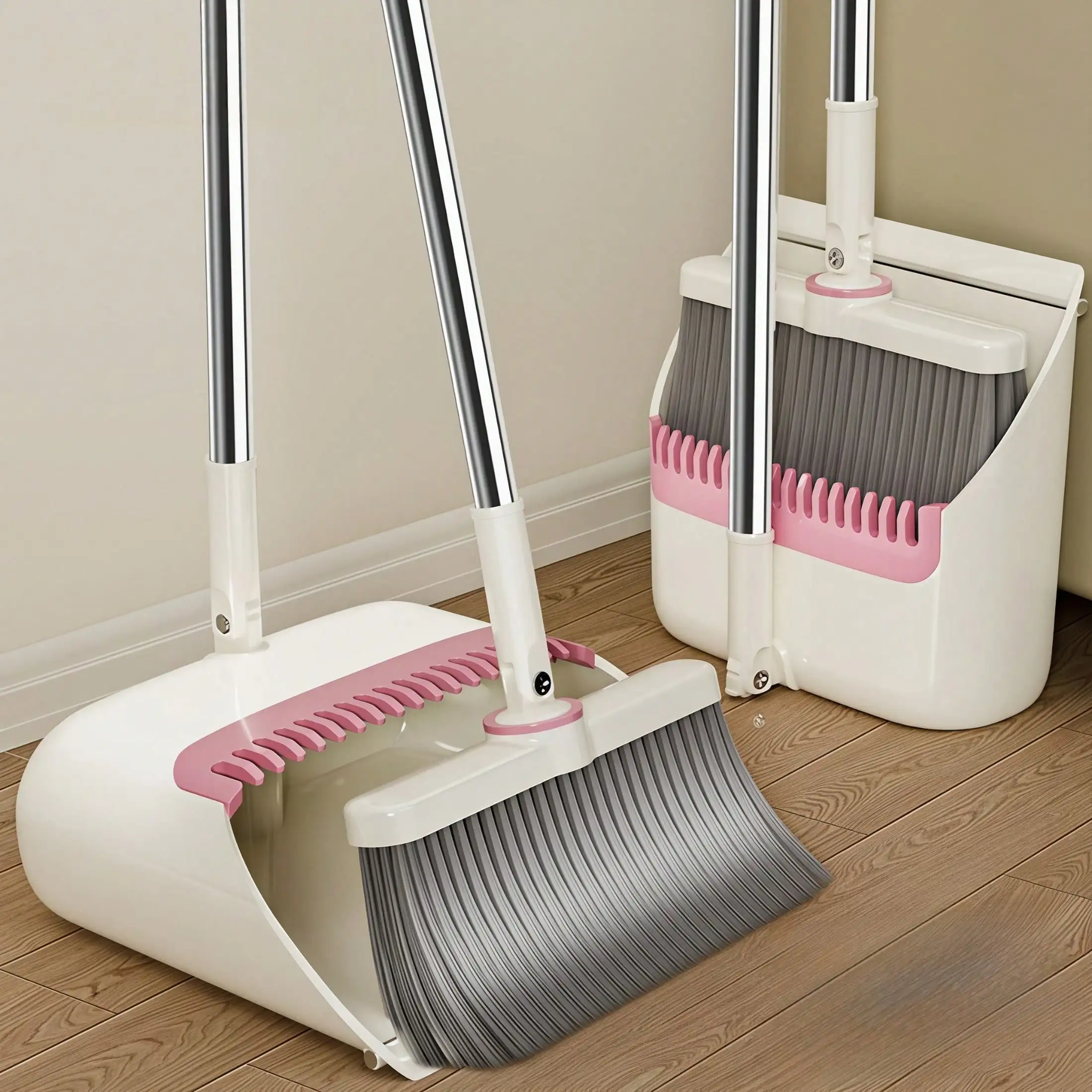 Self-Cleaning Broom And Dustpan Set For Home, Dust Pan With Teeth For Dog Cat Pet Hair, Foldable Upright Standing Sweeper For Kitchen And Office