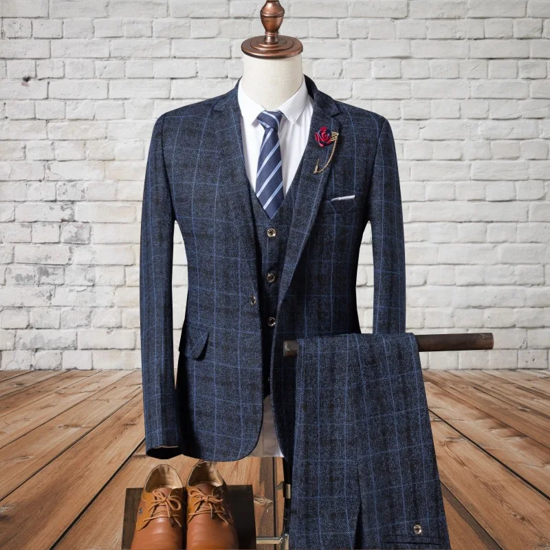 

2024 autumn and winter new men's British slim plaid suit three-piece suit fashionable men's casual dress suit trend