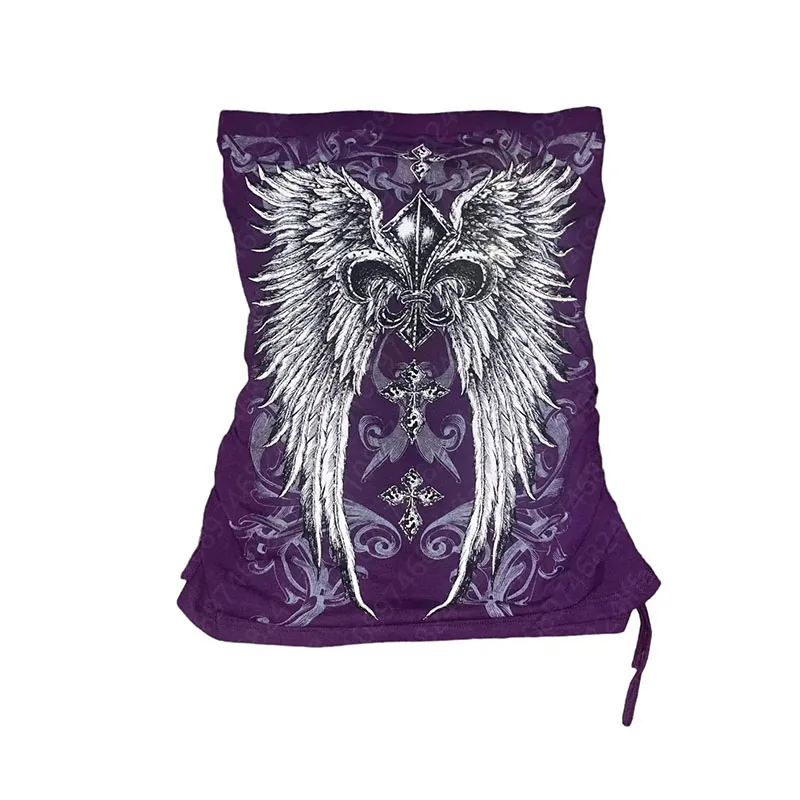 Sexy Purple Drawstring Slim Casual Tops 2000s Aesthetic Fashion Personality Gothic Wings Print Tube Off Shoulder Spice Girl Vest
