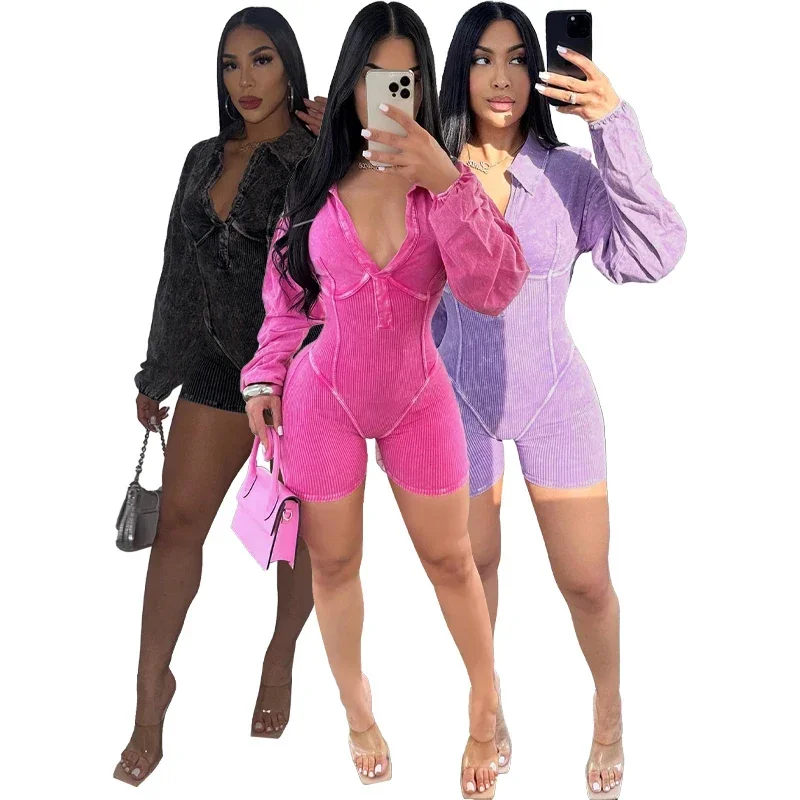 Leosoxs Retro Wash Long Sleeve Solid Color Sports Slim One Piece Romper Short Jumpsuit