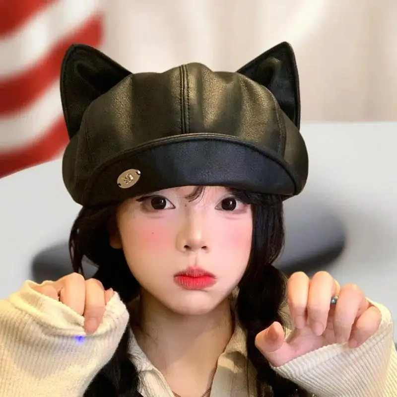 PU Leather Cute Cat Ear Berets For Women Solid Color Casual Newsboy Cap Personalized Peaked Cap