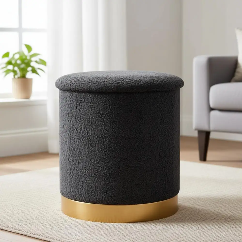 

Round Boucle Ottoman with Gold Plated Base and Removable Sherpa Tray, Grey, 16.7x16.7x17.7