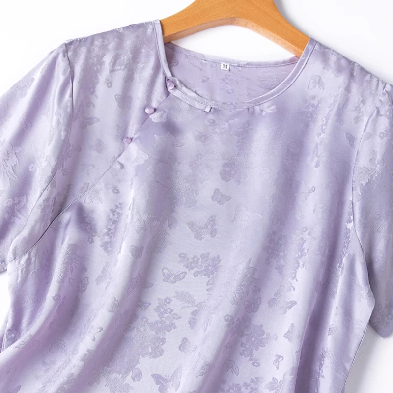 Birdtree 100% Mulberry Silk Tshirts,Summer Women Satin O Necks Straight Tops Purple Color Short Sleeve Tees New 2025 T55605JF