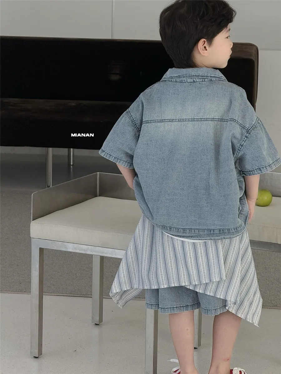 2025 Summer New Korean Style Children's Denim Short Sleeved Shorts Boys' Denim  Trendy