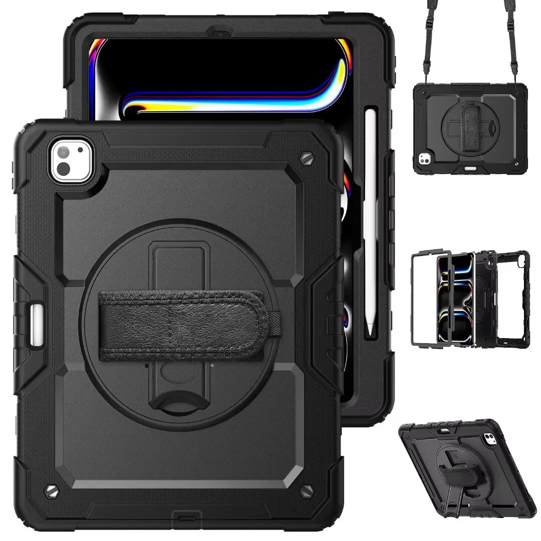 Ultimate Protection PC Case for iPad Pro Air 11 13 2024 2025 M4 M5,360 Rotation Hand Shoulder Strap 3 Layer Multifunctional Case
