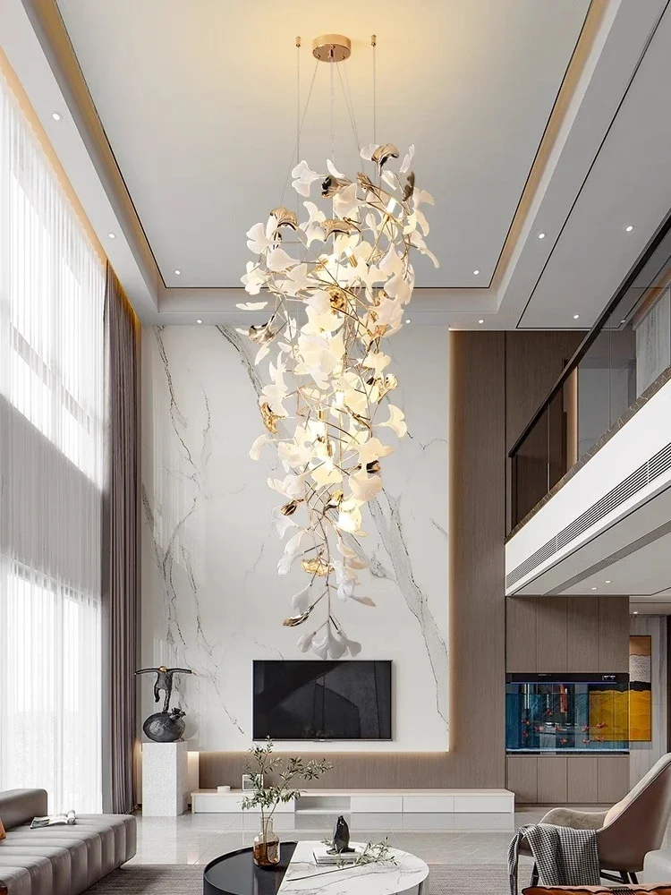 

New Luxury Staircase Chandelier Villa Duplex Designer Pick Empty Lobby Apartment Jump Floor Ginkgo Leaf Long Hanging Lighting