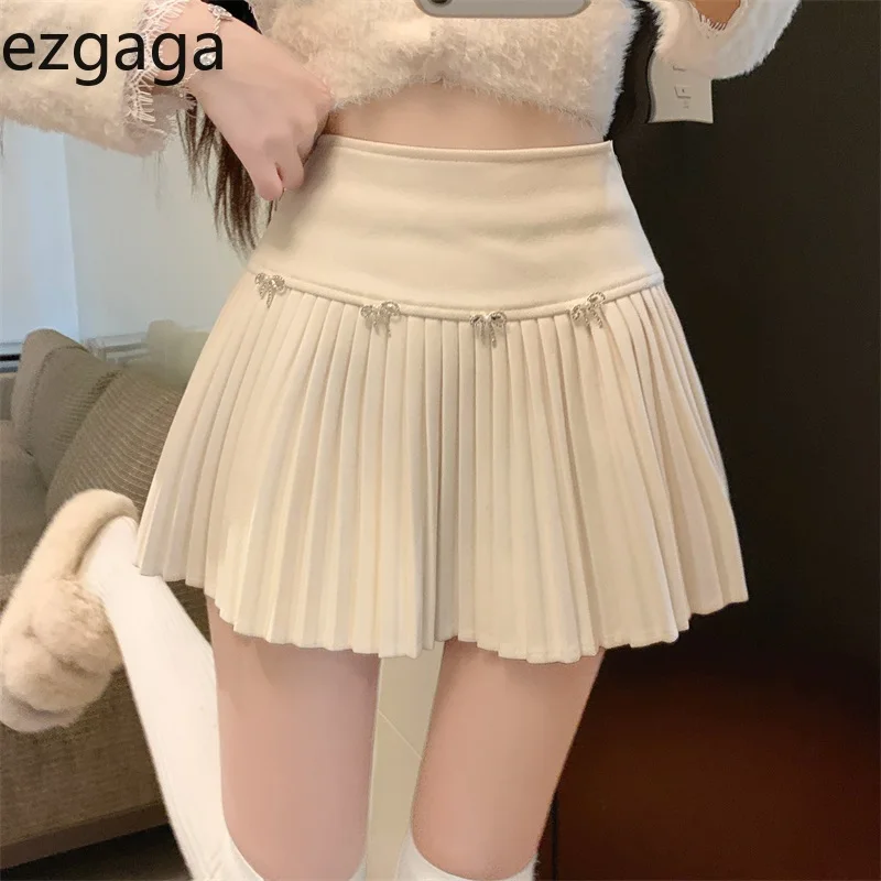 Ezgaga Mini Skirts Women Vintage Bow High Waist Slim Preppy Style Pleated Skirt Girl Fashion Streetwear Sweet Culottes