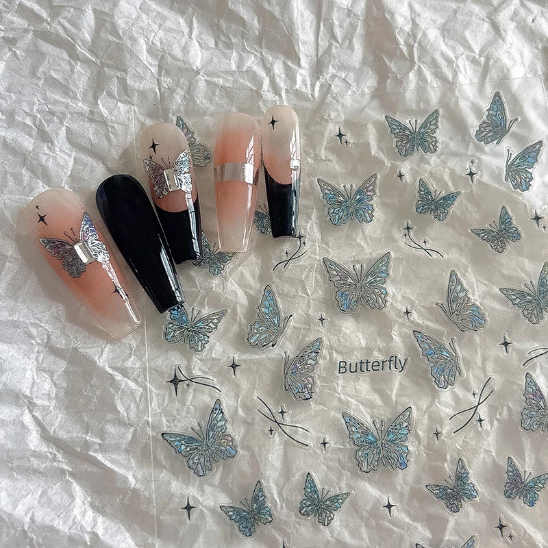 Pegatinas para uñas de mariposa láser, viento degradado, dorado, plateado, patrón de rejilla líquida transparente de hielo, cinta adhesiva trasera para estérismo