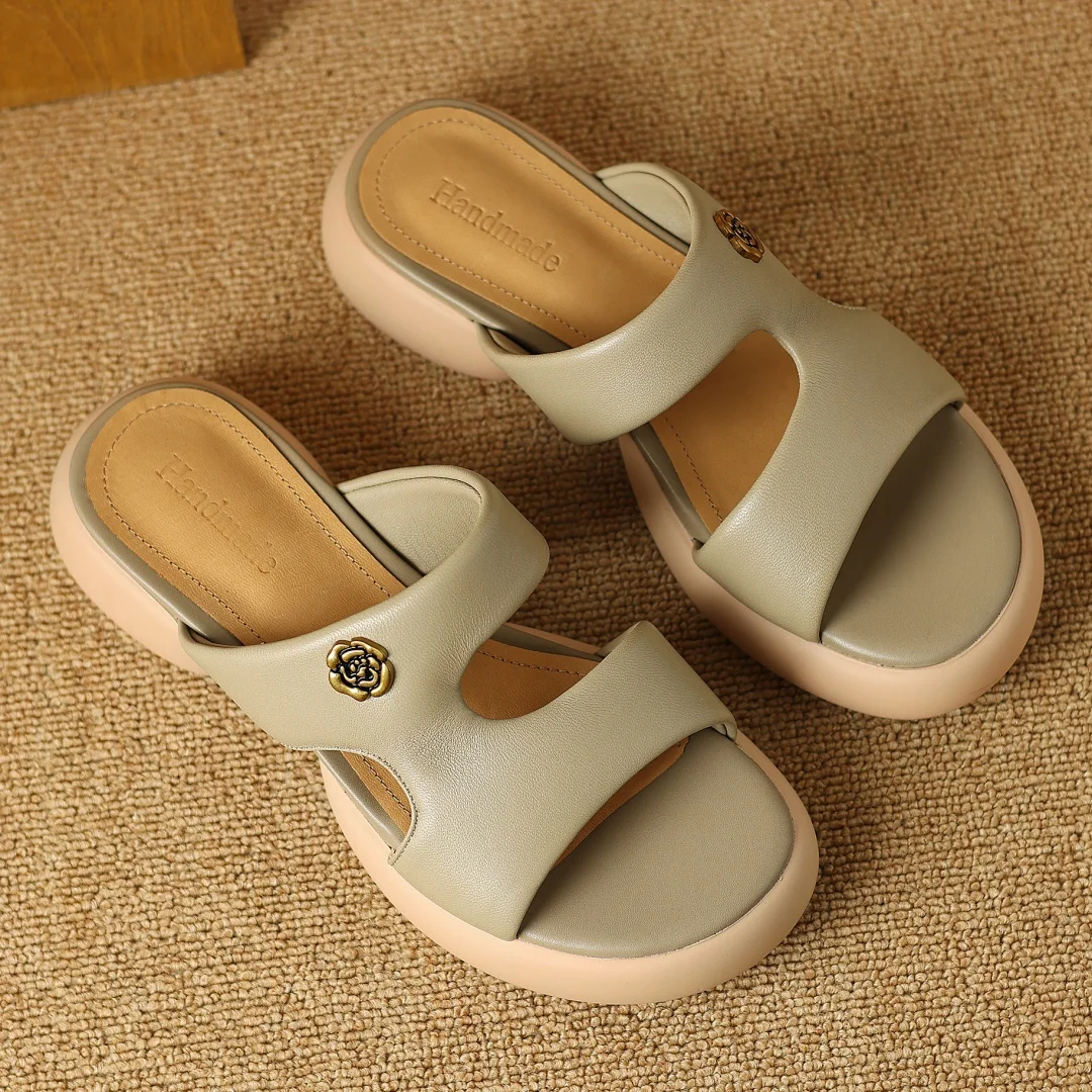 danxuefei 2024 summer new women's sheepskin thick sole platform flats slides open toe casual female high quality holidays sandal