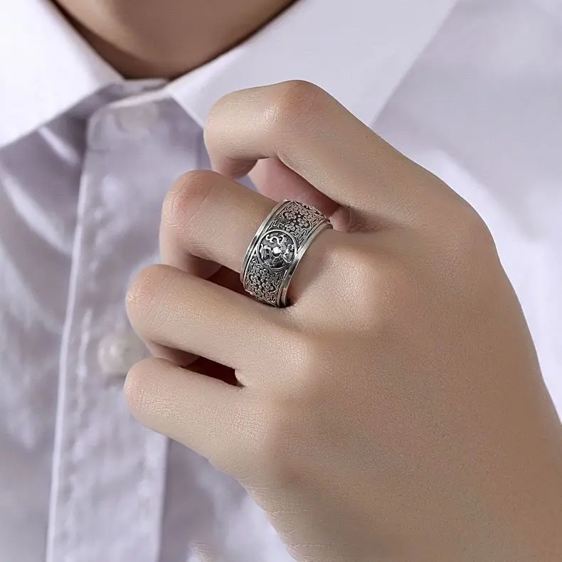 Pure Silver Adjustable Four Great Divine Beasts Ring for Men Dominant Thumb Ring Vintage Fashion Jewelry Men's Ring