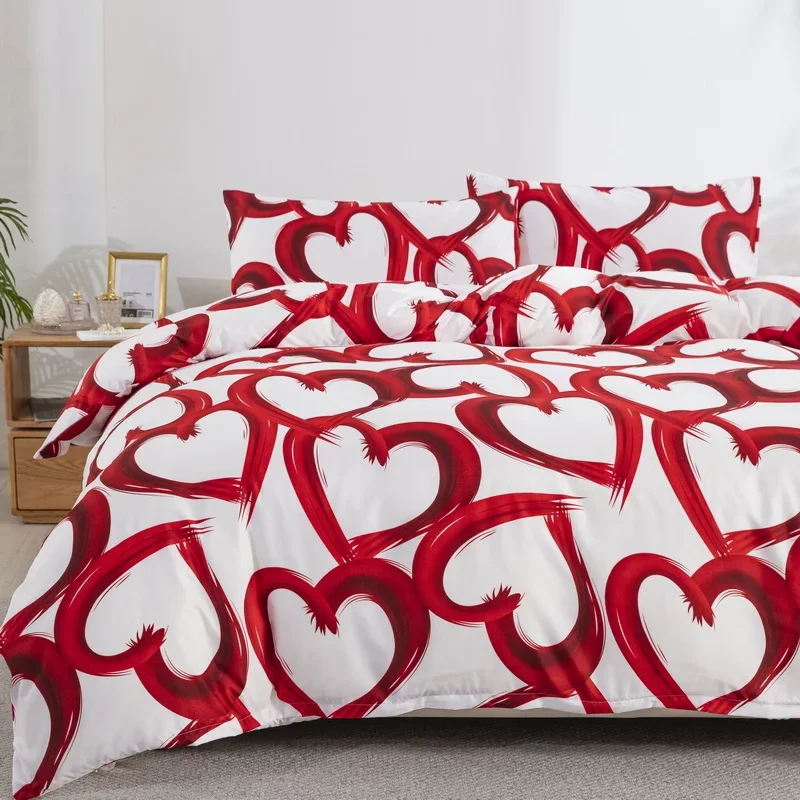 Red Heart Duvet Cover Full Queen Romantic Love Heart-Shaped Bedding Set Microfiber Valentine's Day Reversible White Quilt Cover