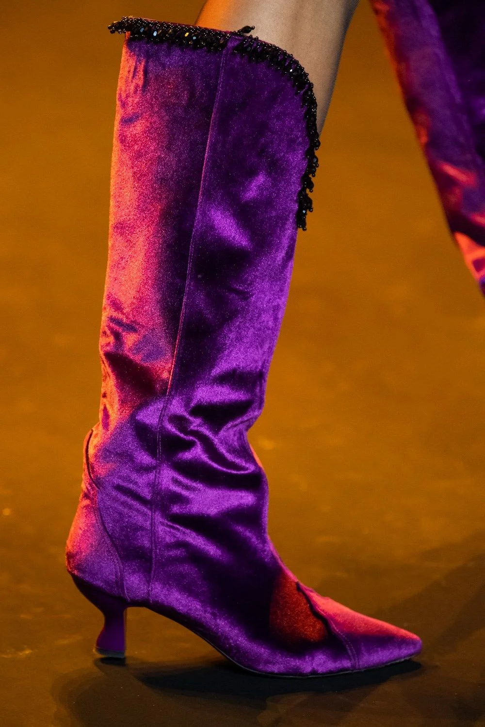 

Runway-Glam Style Women Velvet Pointed-Toe Knee-High Boots Crystal Fringe Embellishments Design Low Heels Fashion Boots