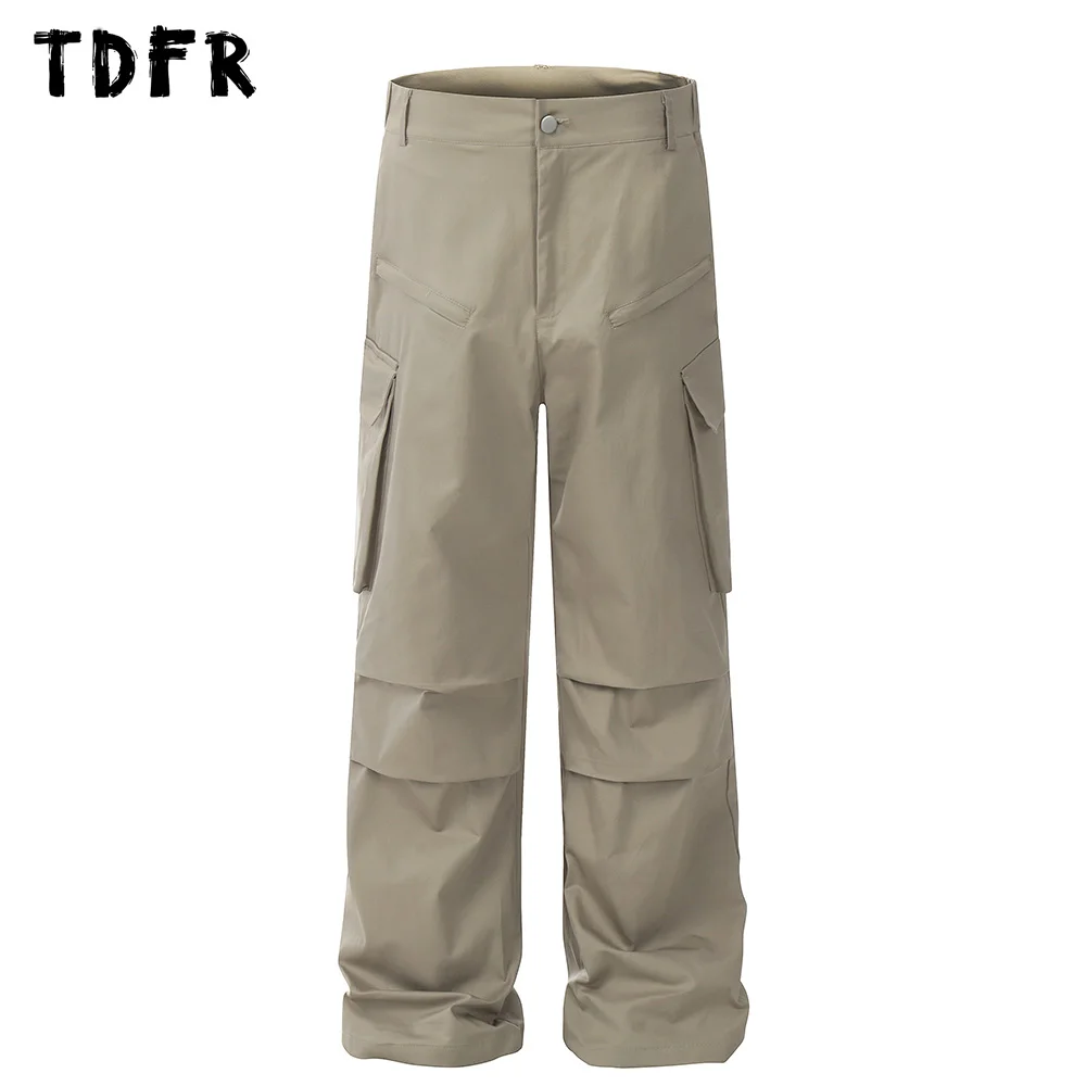 

Multi-Pocket Cargo Pants Mens Solid Color Pleated Retro Safari Style Loose Straight Wide leg Trousers Men