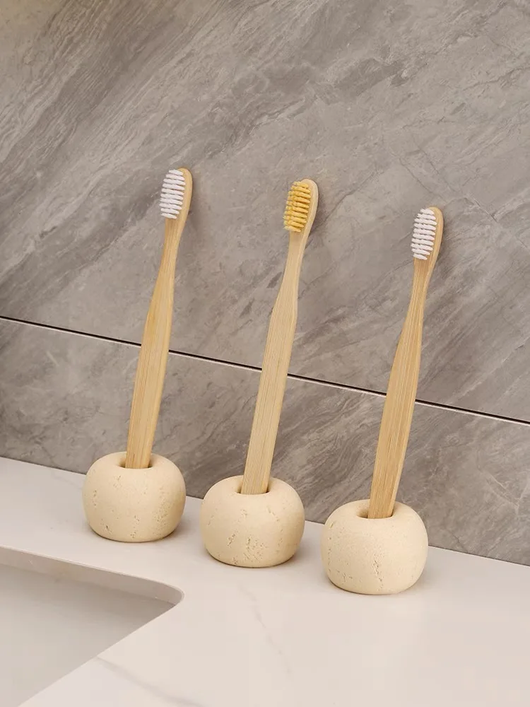 UMEUMI Modern Light luxury Creative Travertine Stone Yellow Toothbrush Holder Case Makeup brush Holder Bathroom Cute Beige decro