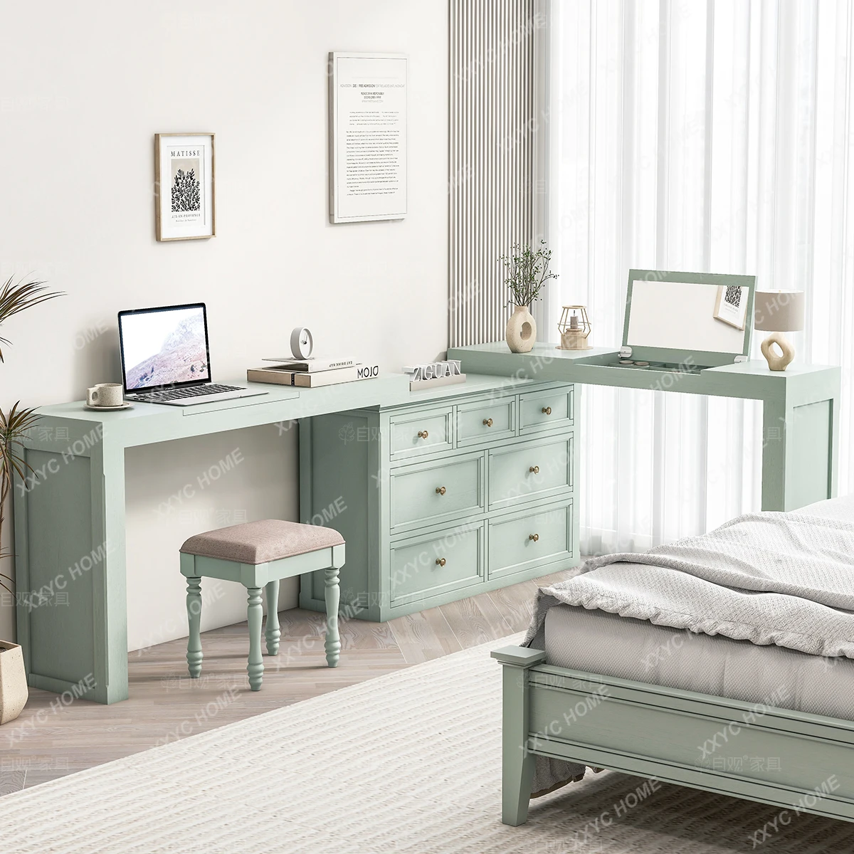 

chest dresser integrated Japanese-style bedroom corner desk L-shaped bedside dressing table green bedside cabinet