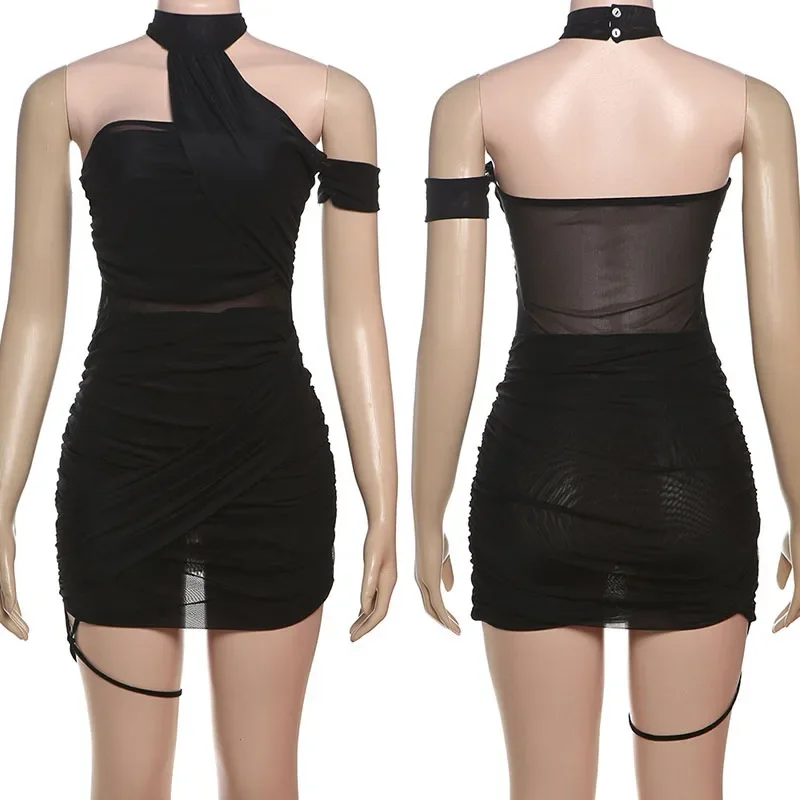 섹시한 홀터 백리스 밴디지 바디콘 드레스 여성 생일 나이트 클럽 민소매 스트랩리스 메쉬 주름 파티 미니 드레스