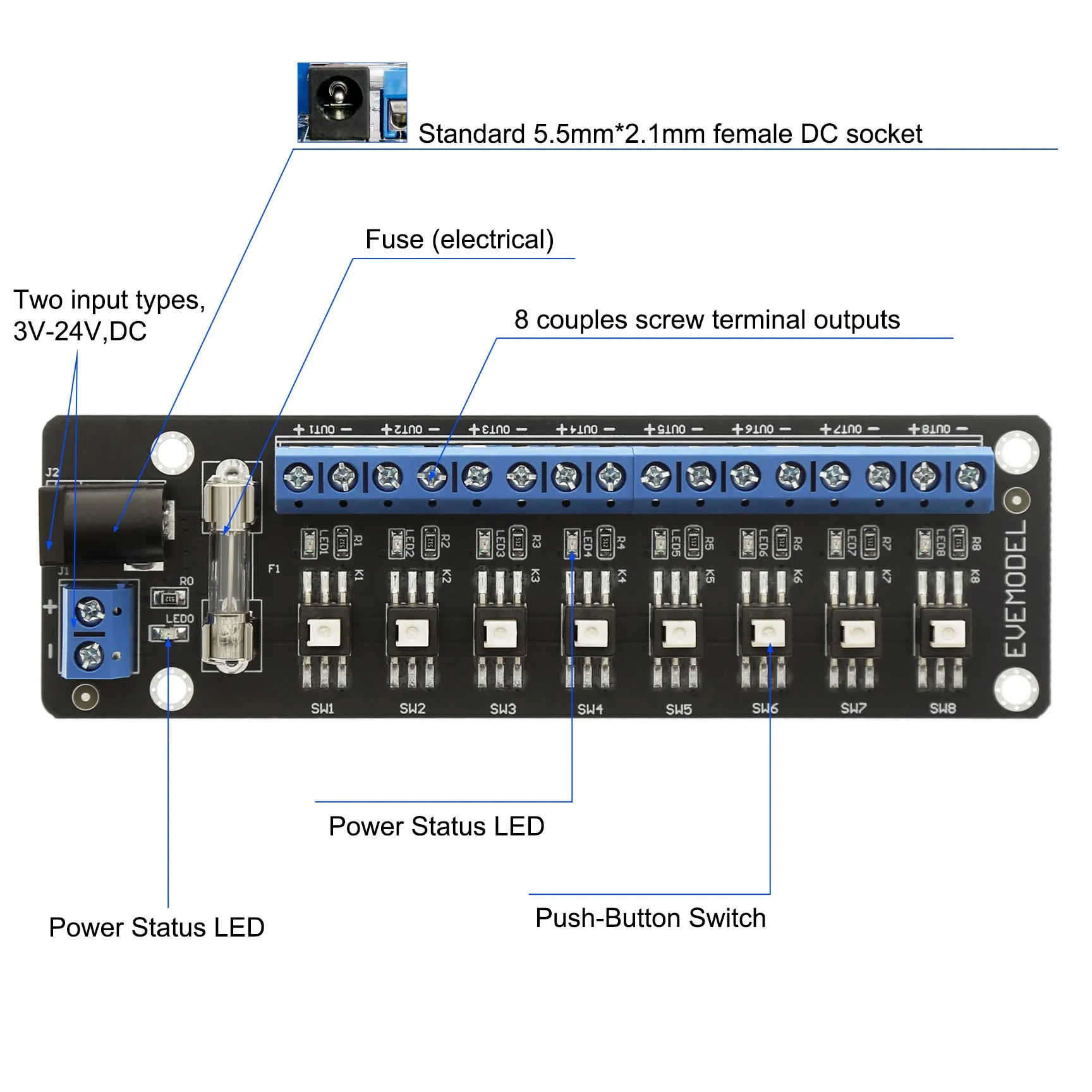 Connettore del modulo di distribuzione dell'alimentazione CC Evemodel 3V-24V con interruttori individuali PCB017