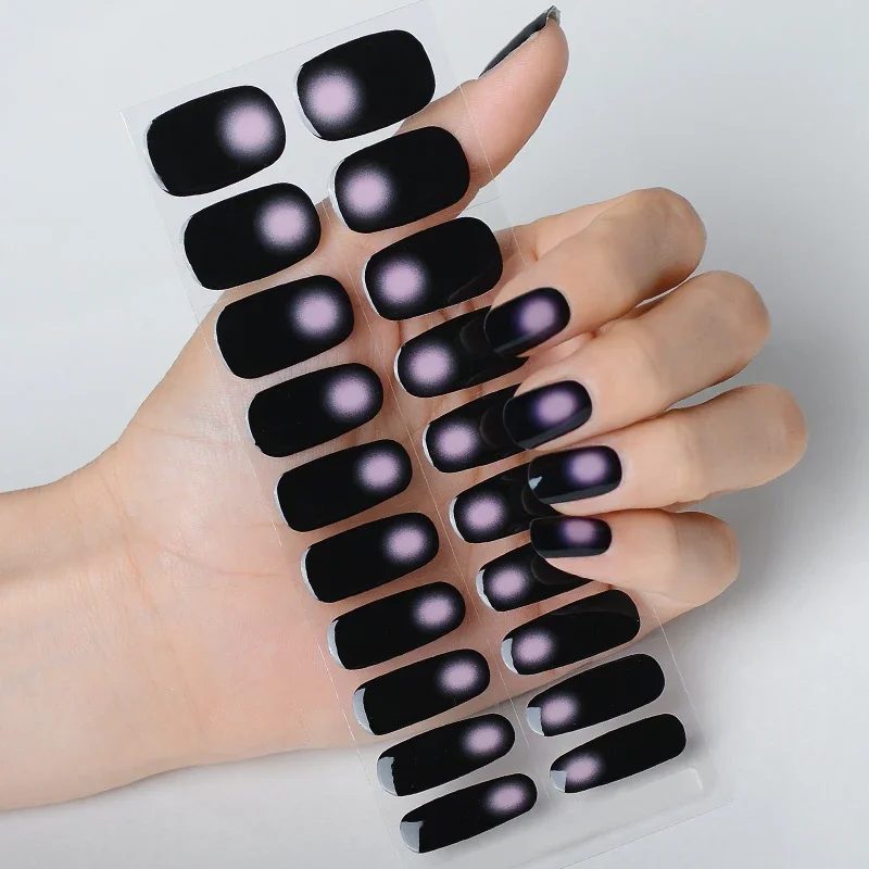 Zwarte Stijl Semi-Cured Gel Nagel Patch Zelfklevende Sliders Langdurige Volledige Dekking Nagel Stcikers Uv Lamp Neede Franse Manicure