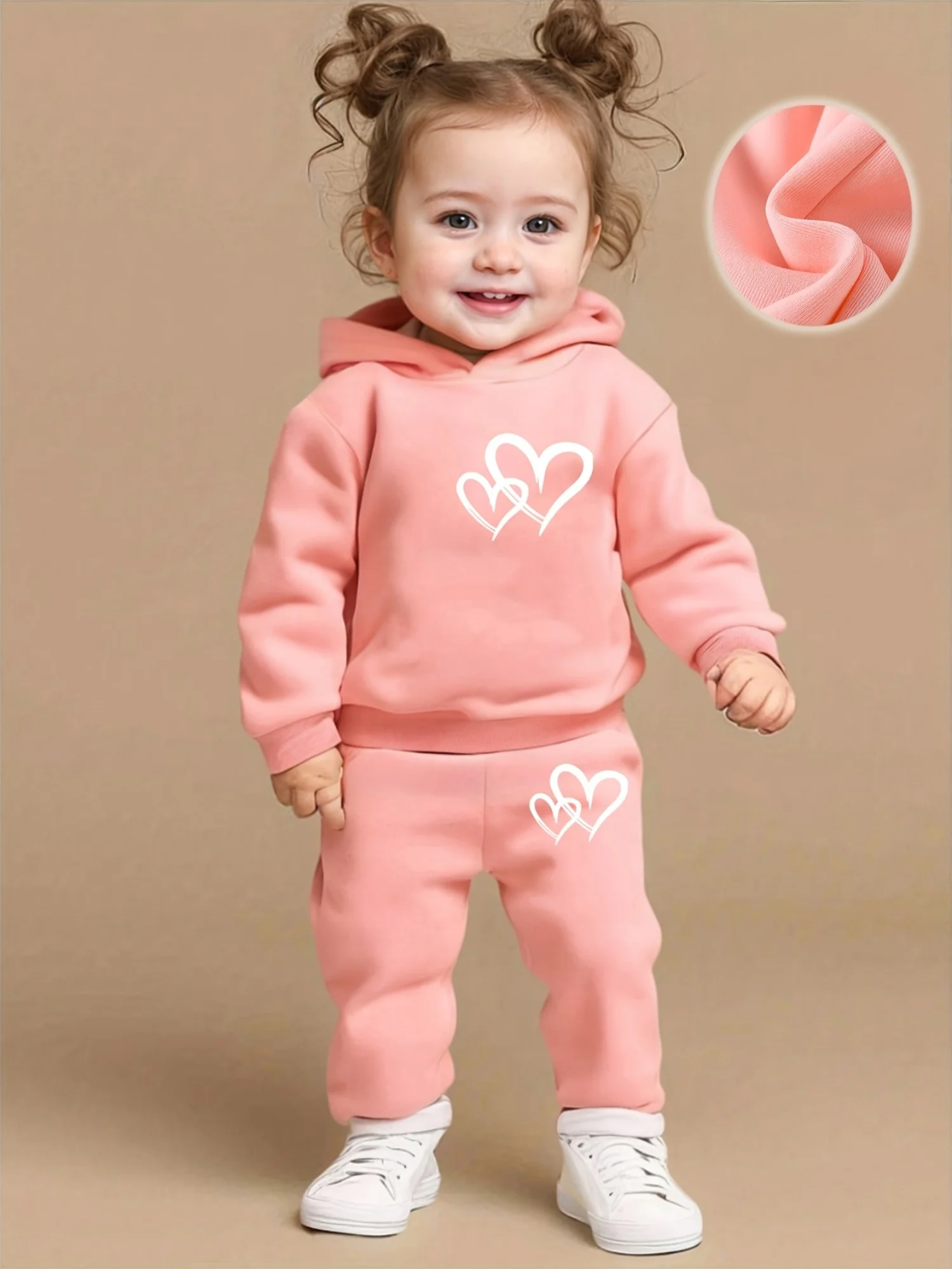 Girls' Toddler/Kid Autumn & Winter 2-Piece Set: Hooded Fleece Sweatshirt with Heart Pattern + Casual Athletic Pants