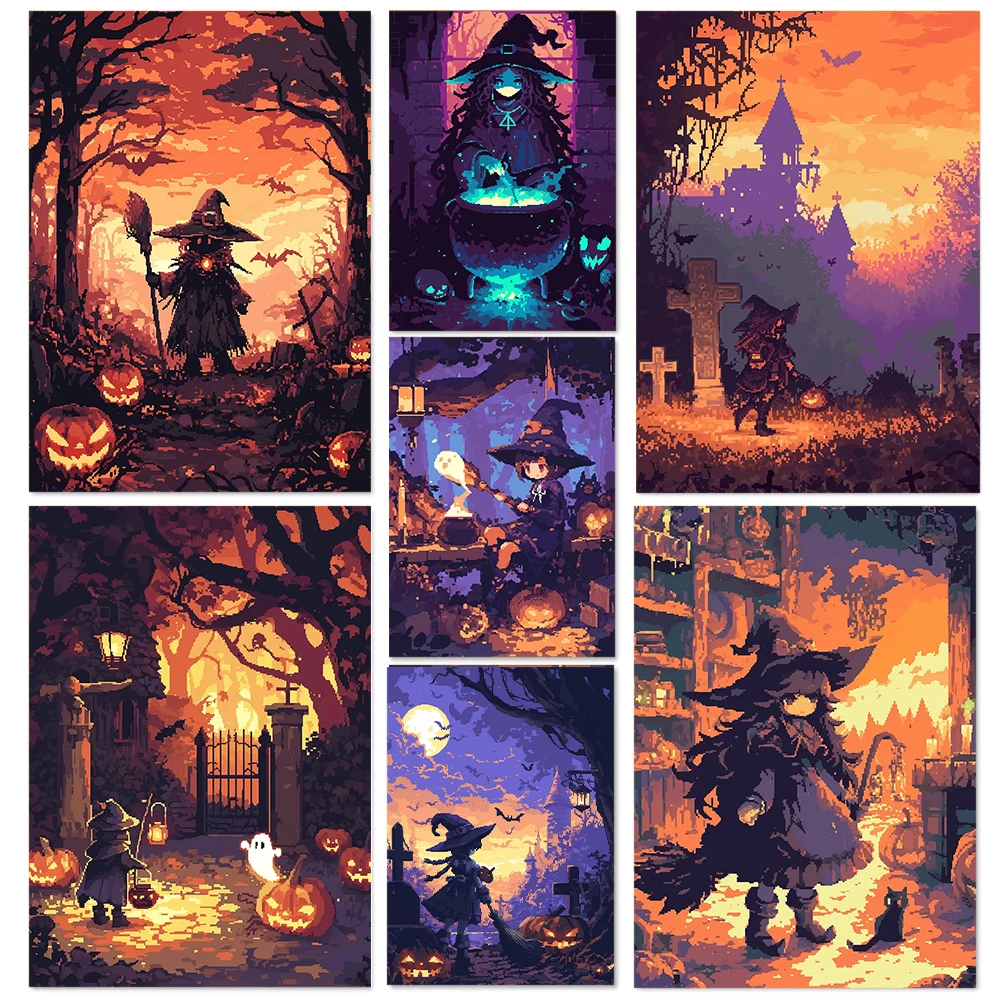 Pixel Witch Pumpkin Halloween Potion Castle Posters and Prints Canvas  Wall Art Pictures Home Room Modern Travel Decor
