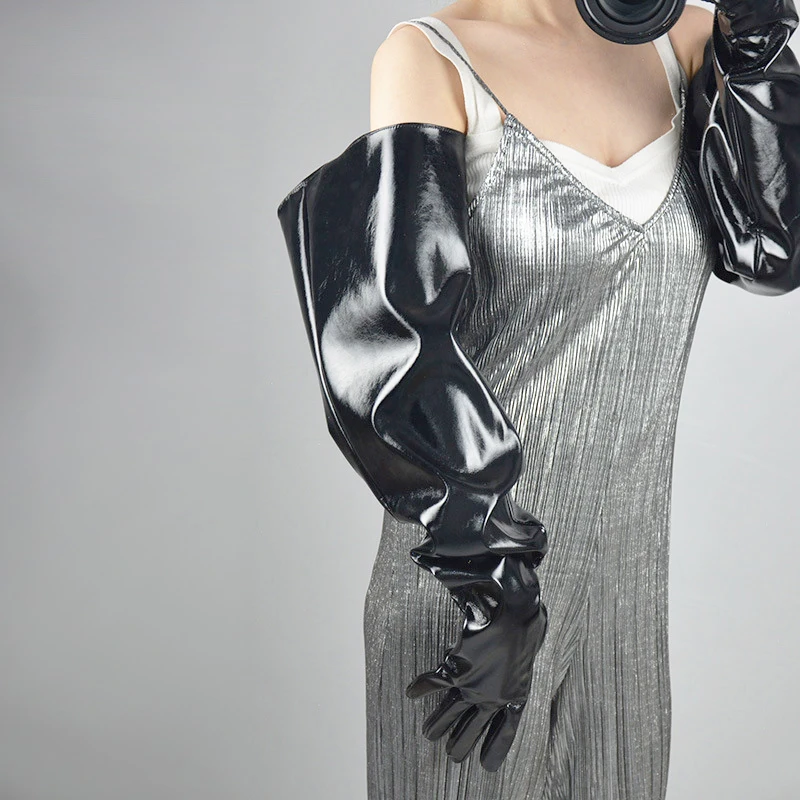 

Women Sexy PU Leather Shiny Black 70cm Big Arm Sleeve Wide Cuff Long Gloves Nightclub Stage Performance Cosplay Mittens Clothing