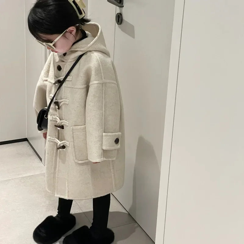 Boys and girls coats autumn and winter new Korean version temperament horn buckle hooded woolen coat trendy children