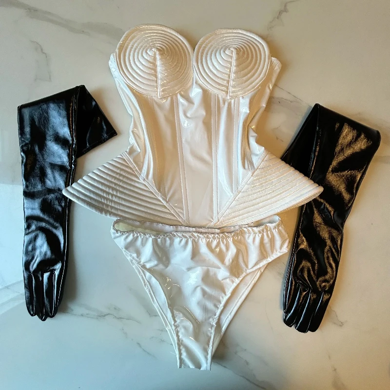 Sexy White Women Pu Leather Bodysuit Clubwear Nightclub Gogo Dance Outfit Hat Singer Dancer Stage Clothing Drag Queen Costume