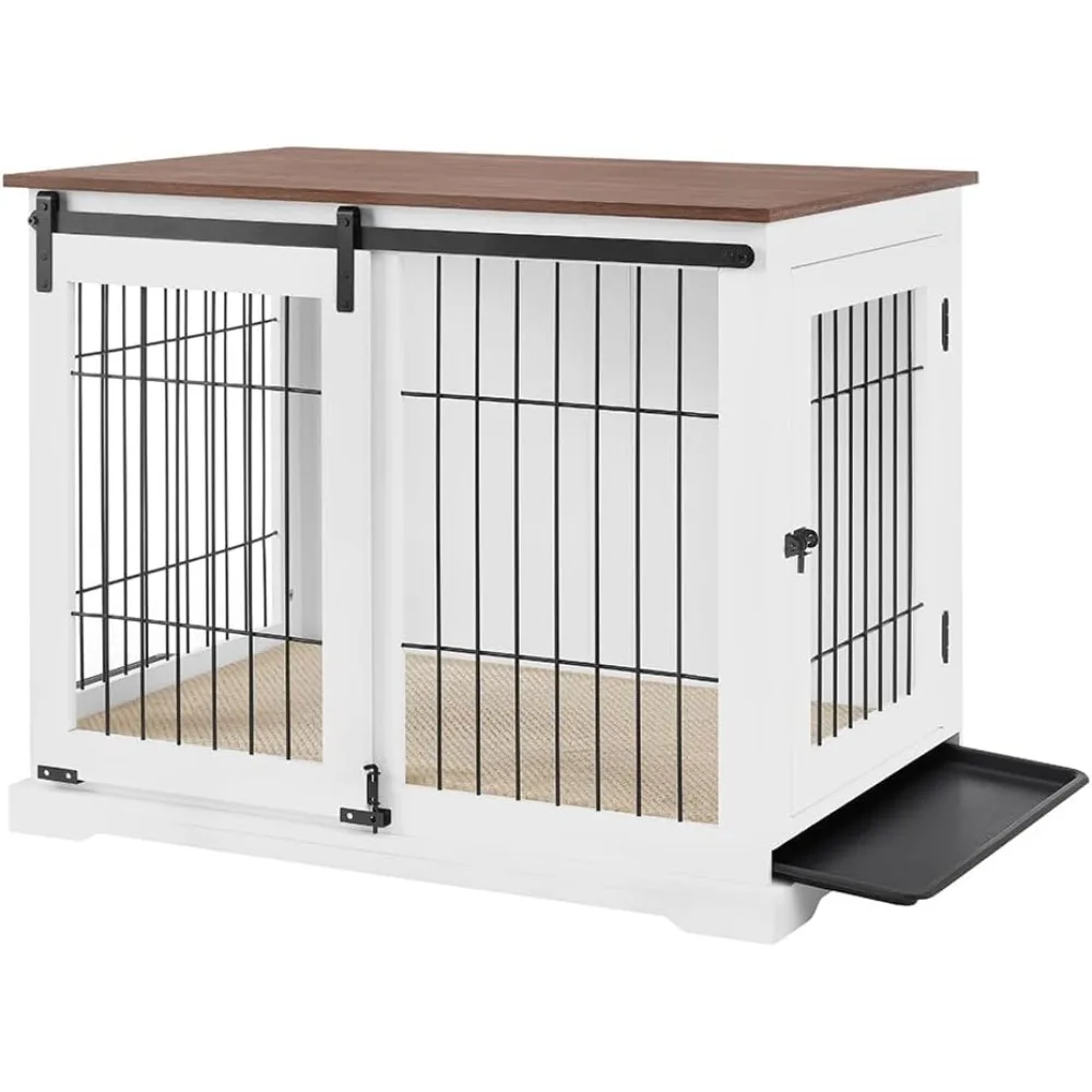

Masterpiece BeeNbkks Dog Crate Furniture With Sliding Barn Door, Stylish Double Doors Wooden Kennel With Tray And Cushion, Deco