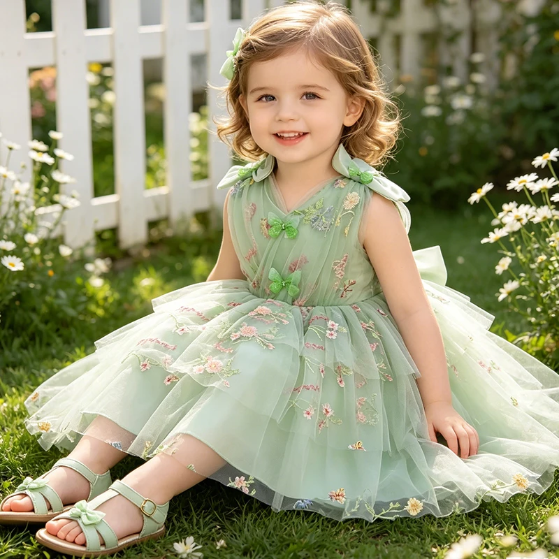 Carnival Clothes Girls Pink Embroidery Sequins Butterfly Tulle Lace Embroidery Infant Baptism Party  Wedding Bridesmaid Clothing