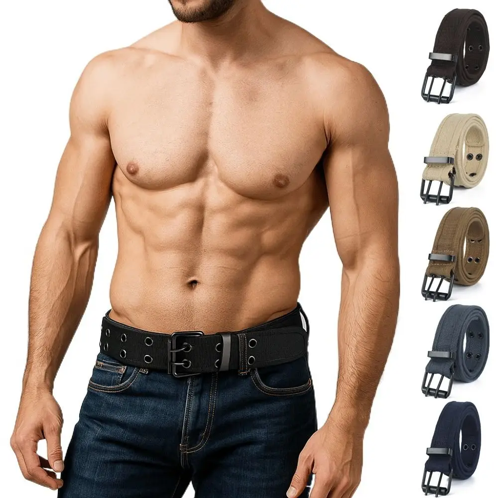 Casual versátil masculino cintos duplo fileira buraco ajustável cinto de lona durável cinta esportiva unisex