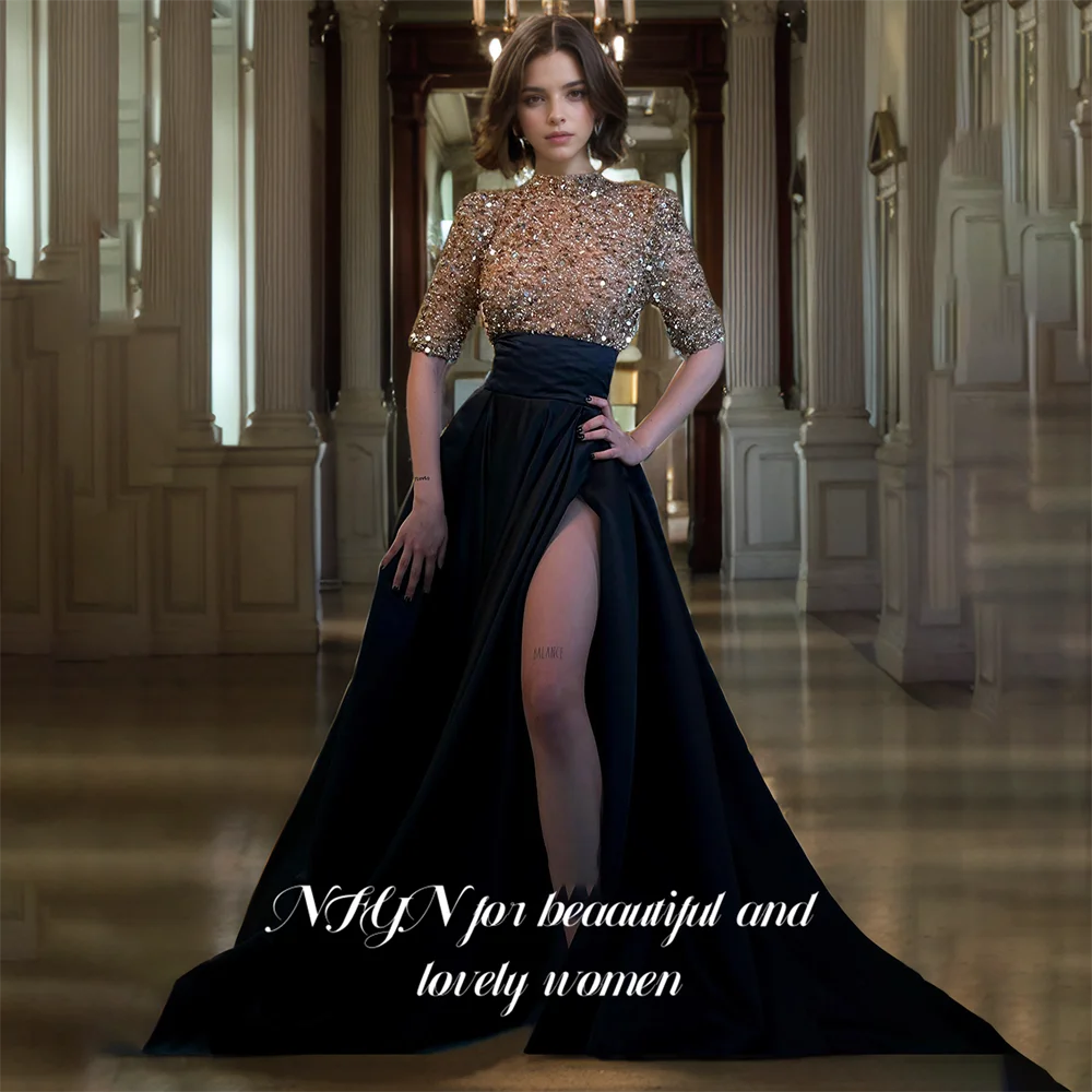 

NFYN Black A-LINE O-neck Formal Gown Stain Sequin Women's Evening Dresses Beaded Celebrity Dress with Side High Split Customized