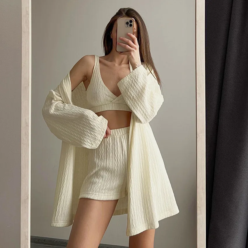 

Women's 3 Piece Knitted Pajama Set Long Sleeve Nightgown Underwear Shortsd Versatile Loungewear for Autumn Outings L Size Cozy