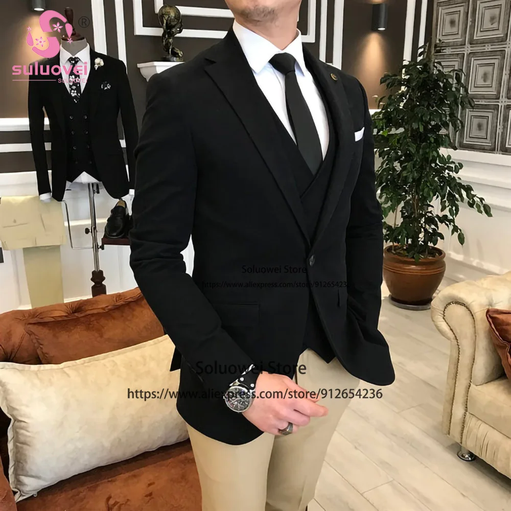 

Fashion Slim Fit Groom Suits For Men 3 Piece Jacket Vest Pants Set Male Business Blazer Formal Wedding Party Notch Lapel Tuxedo