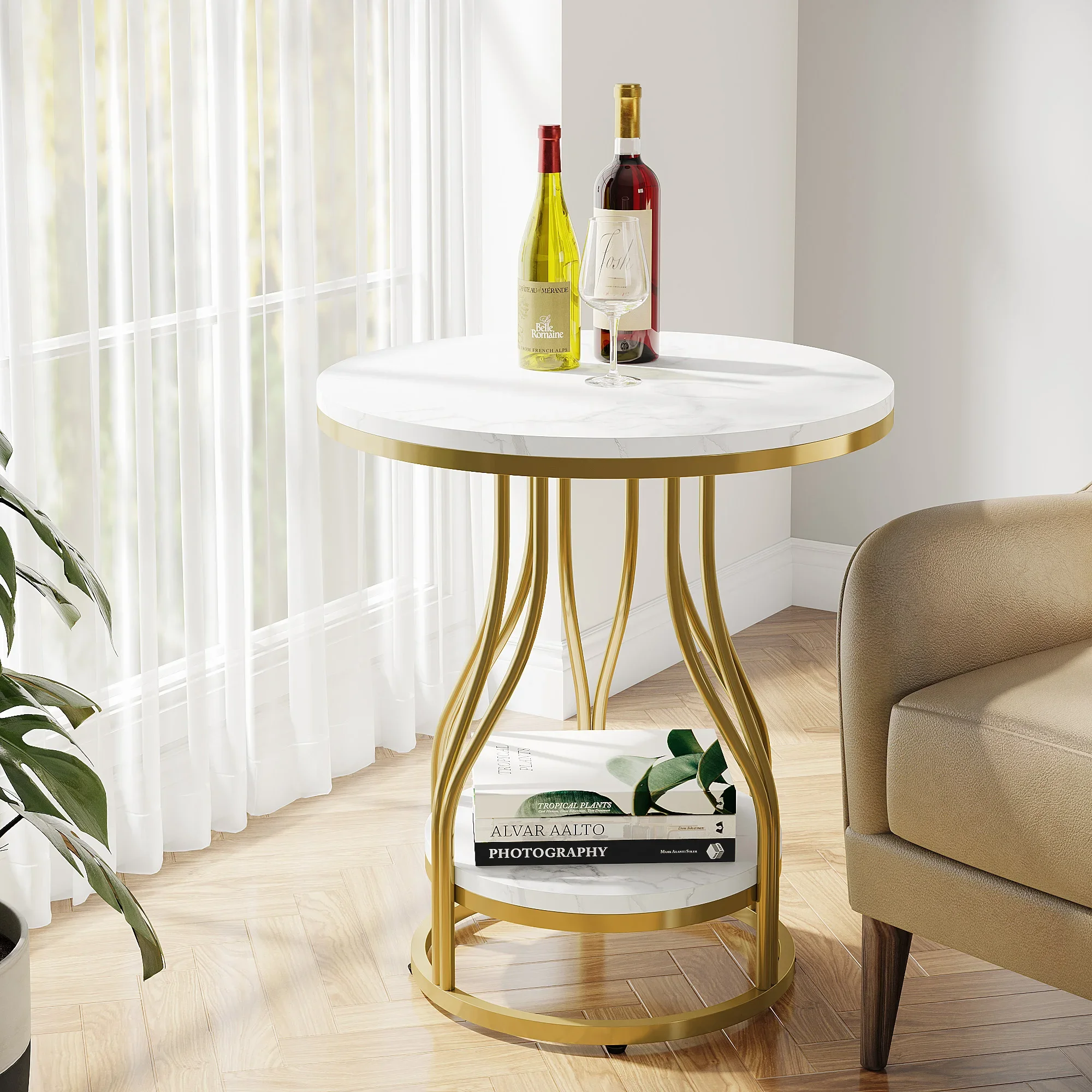 Tribesigns Round Side Table White Gold End Table 2-Tier End Table Modern Bedside Small Side with Storage for Couch S