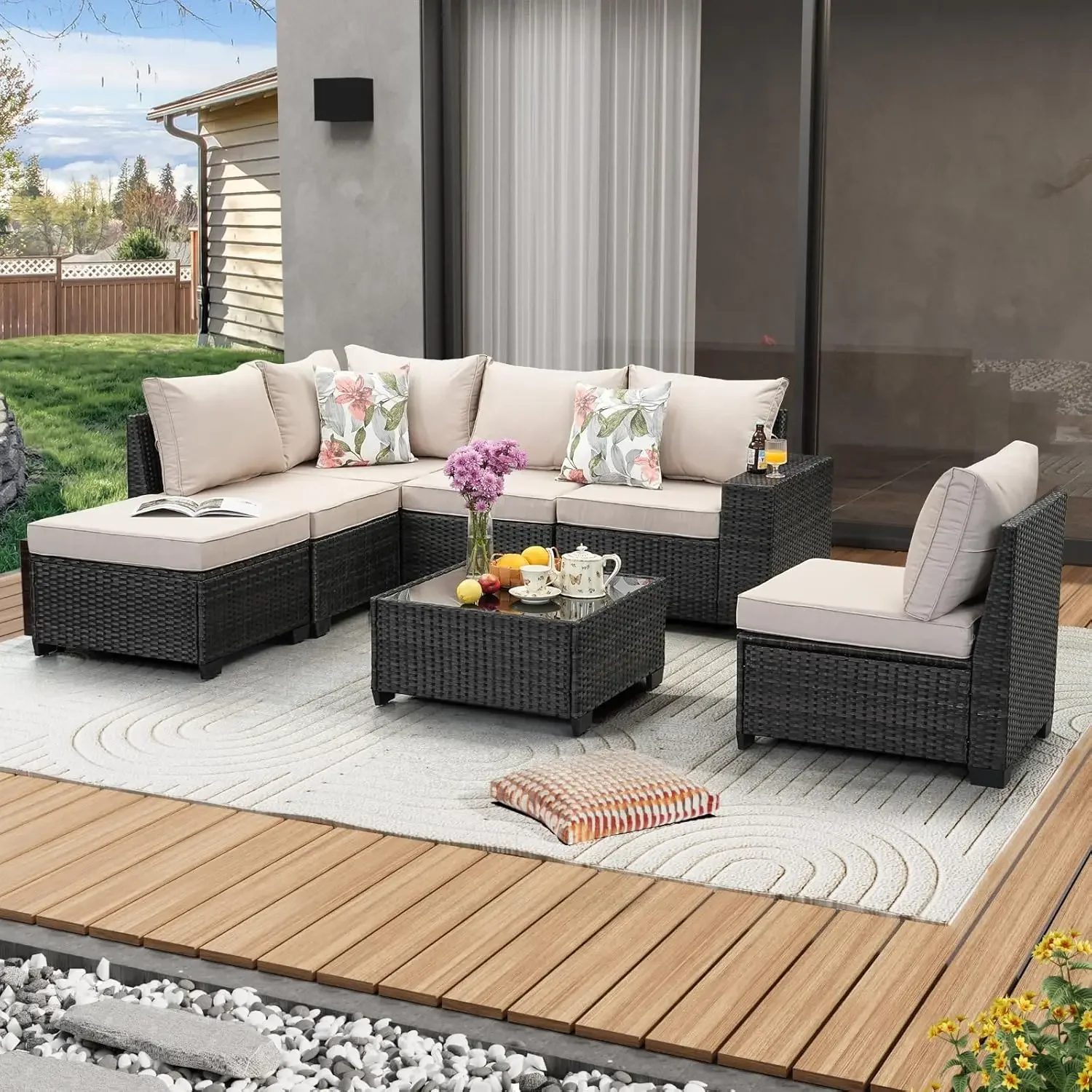 

7 Pieces Patio Furniture Set All-Weather Outdoor Wicker Sectional Conversation Sofa Rattan Patio Seating Sofa