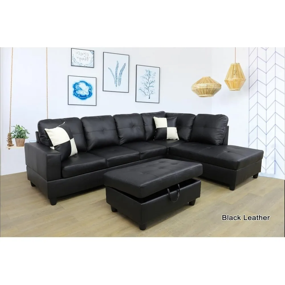 

Sectional Sofa Faux Leather Modern L Shaped Couch Set 3 Seating Sofa with Storage Ottoman for Living Room Furniture Sofa