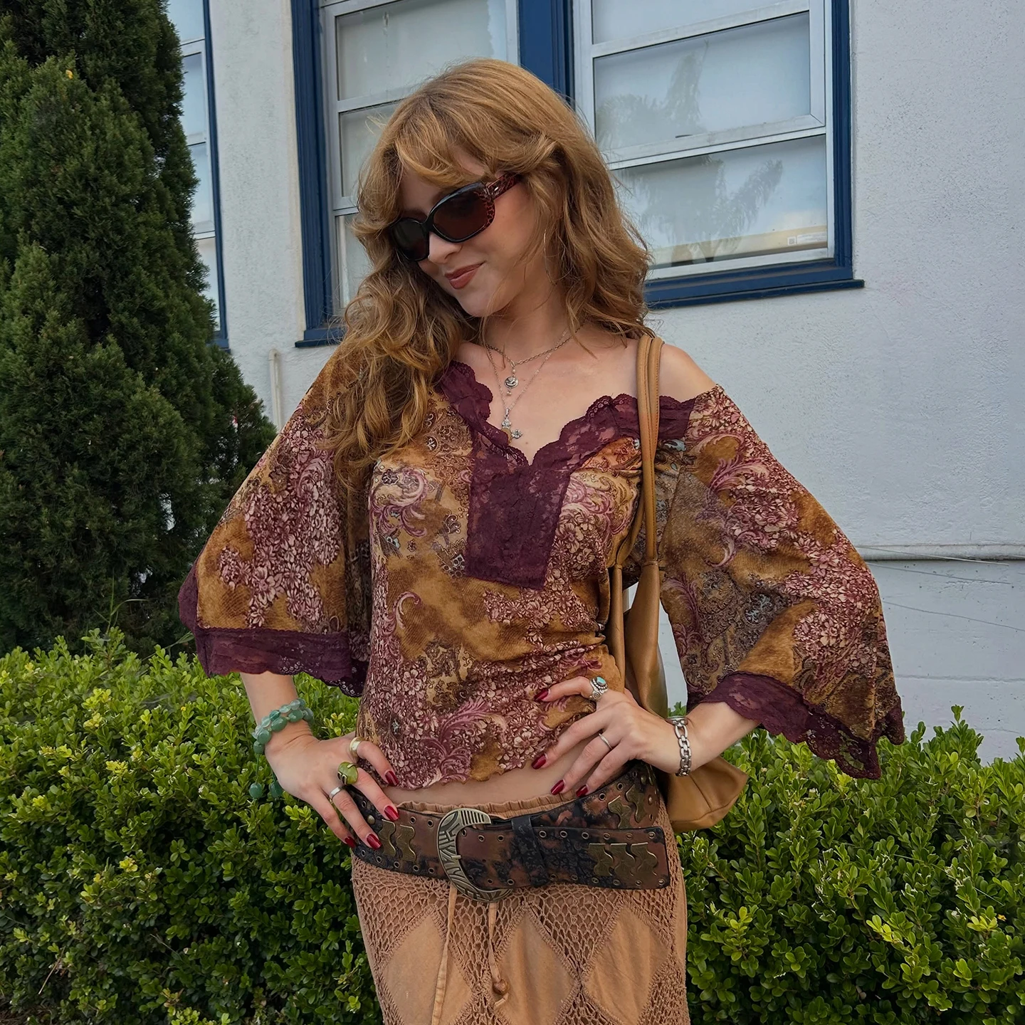 Vintage Boho Floral Print Off Shoulder Top Women Lace Trim V Neck Flare Sleeve Hippie Y2K Blouse 2026 Autumn Fashion Clothes New