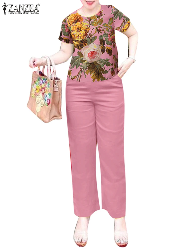 2PCS Elegant Floral Matching Sets ZANZEA Summer Women Short Sleeve Blouse Pant Sets Casual Printed Suits Outfits Work Tracksuits