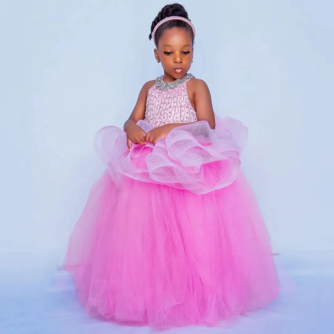 

Customized Rose Pink Flower Girl Dress Tulle Floral Crystal Sleeveless For Wedding Birthday Party Prom Evening Banquet Gown