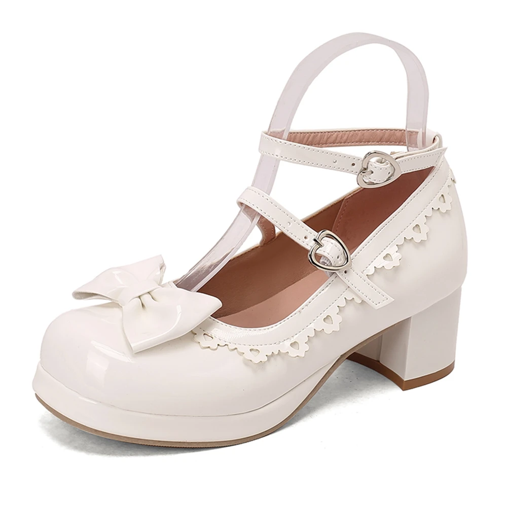 

Round Toe Women Thick Heel Mary Jane High Heels Bow Party Dress Single Shoe Comfortable Casual Cute Kawaii Plus Size 48 S-188