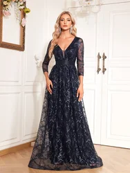 Lucyinlove New Elegant Blue V-Neck Floral Evening Dress Long 2024 Luxury Women Long Sleeve Wedding Party Cocktail Dress Prom