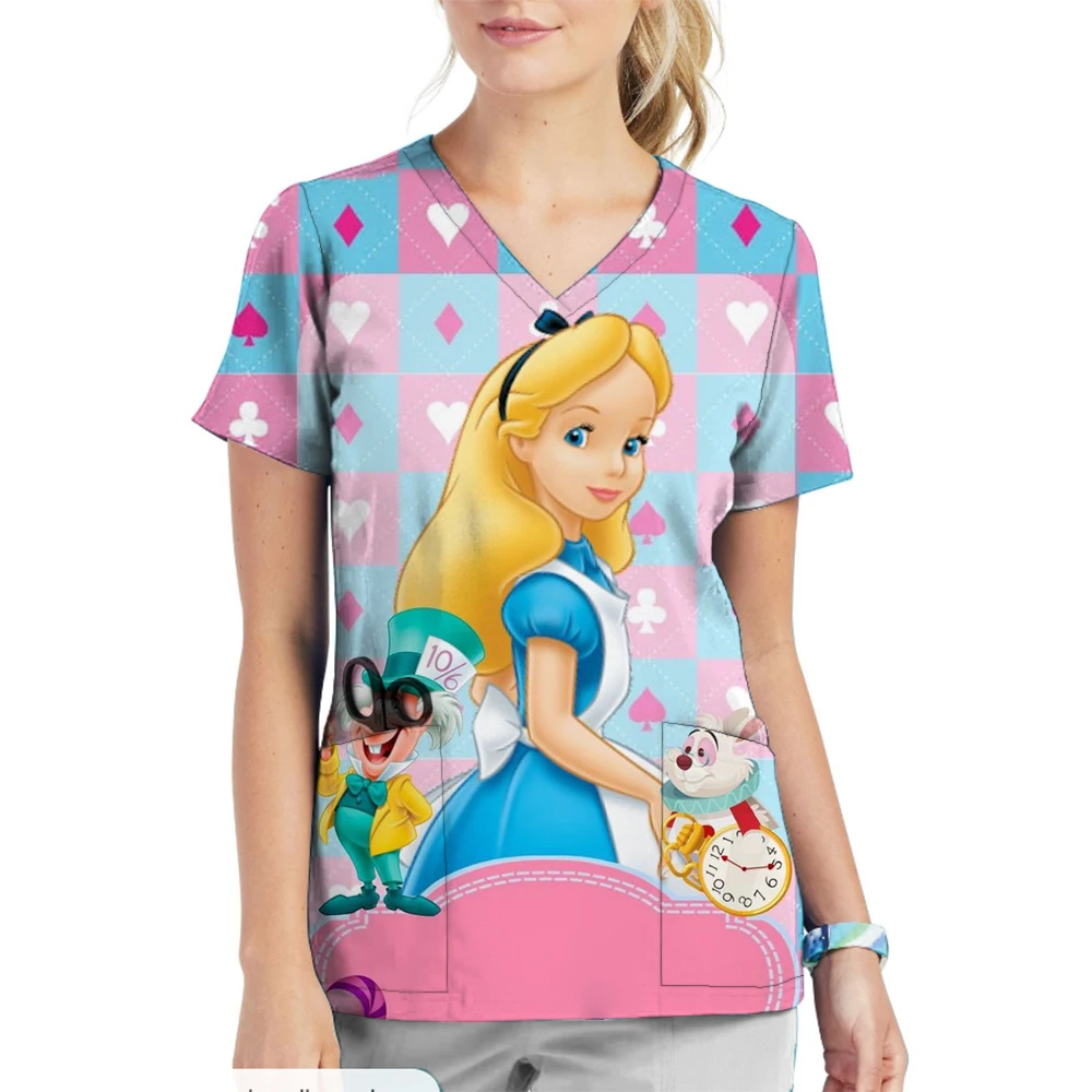 Disney Princess Pocket Women's V Neck Nurse Uniform T-Shirt Woman Clothing Street Wear Tops S-3XL Kawaii Summer Short Sleeve Y2k