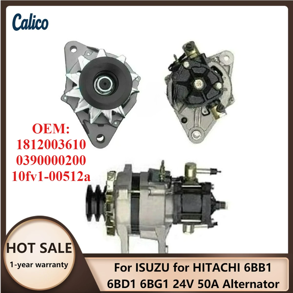 

High Cost-effectiveness Suitable for ISUZU for HITACHI 6BB1 6BD1 6BG1 24V 50A Alternator 1812003610 0390000200 10fv1-00512a