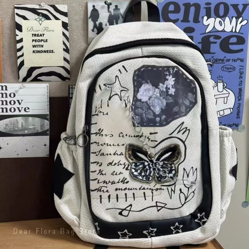 Y2K Patchwork Blume Brief Schmetterling Rucksäcke Frauen Vintage Kette Design Reise Rucksack Punk Große Kapazität Student Schul