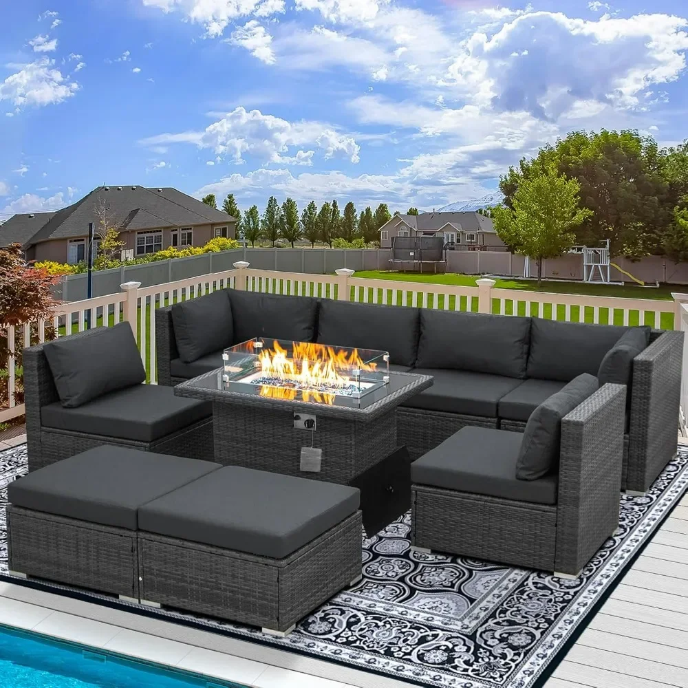 

Patio Furniture Set Sectional Large Size Sofa Sets with Propane Fire Pit Table 55000 BTU Balcony Rattan Lounge Conversation Sets