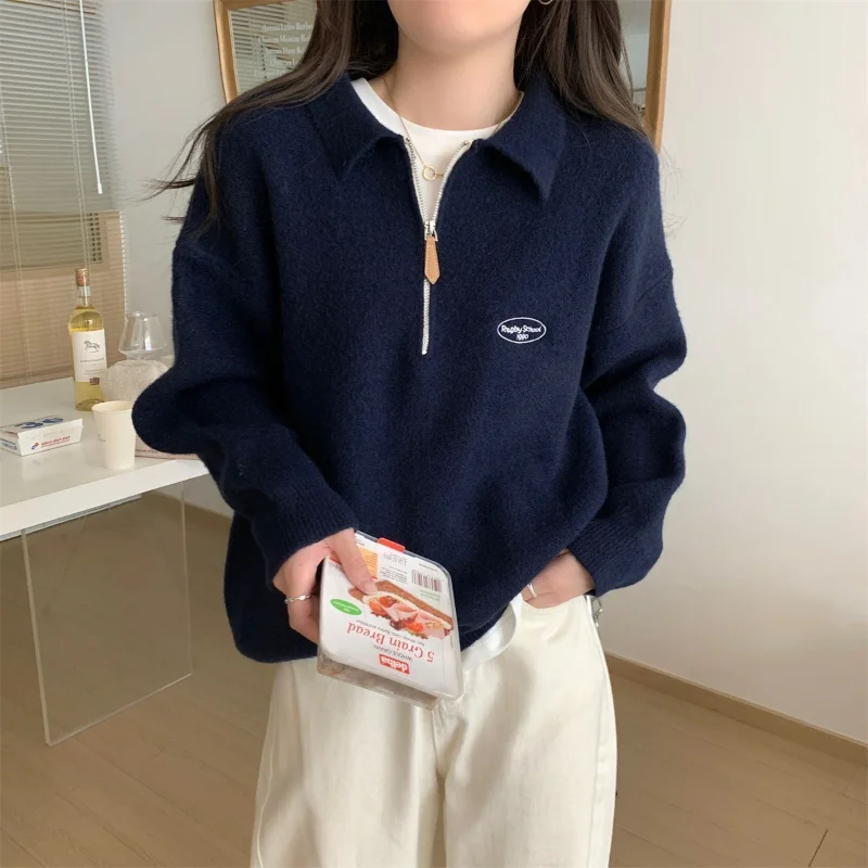 Version coréenne de Simple col Polo fermeture éclair haut pull en tricot femmes automne hiver 2025 nouveau Style polyvalent ample tenue décontracté