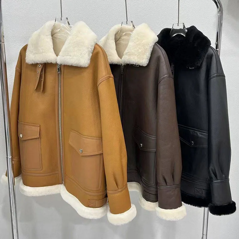 

2023 Women's Real Shearling Coat Genuine Lambskin Leather Coat Warm Real Wool Winter Double Face Jacket ZJ6039