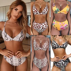 Bikini con estampado de leopardo para mujer, traje de baño de dos piezas, bañador dividido multicolor de cintura alta, novedad de 2023