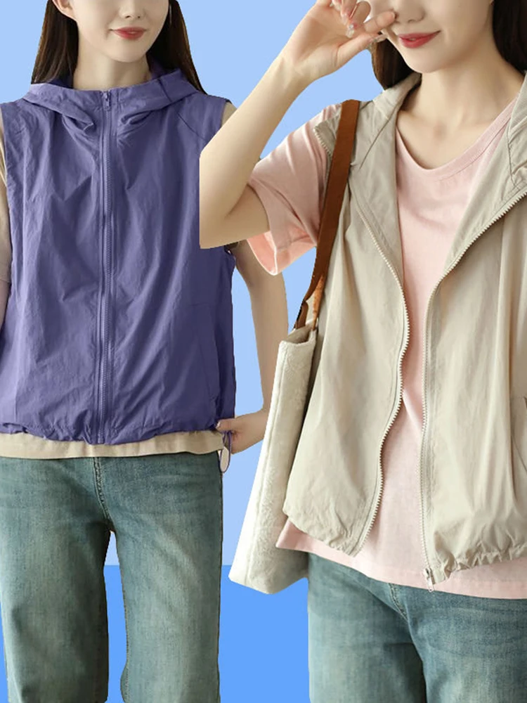 

Короткий повседневный однотонный жилет простого дизайна, летняя новинка, модная женская верхняя одежда, защита от солнца, легкий вес, на молнии