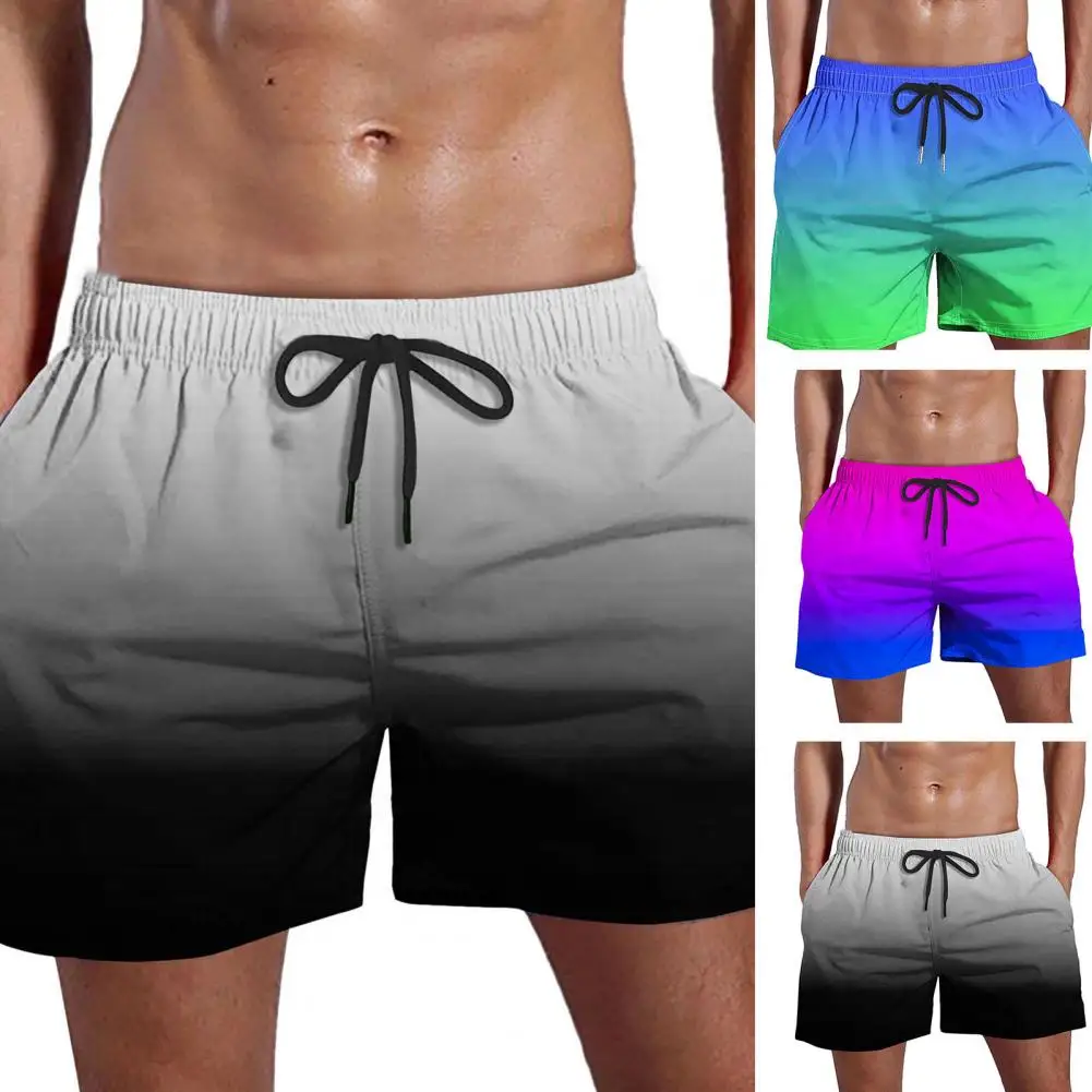 Lightweight Sports Shorts Men's Quick-dry Beach Shorts with Elastic Drawstring Waist Gradient Color Wide Leg Shorts for Fitness